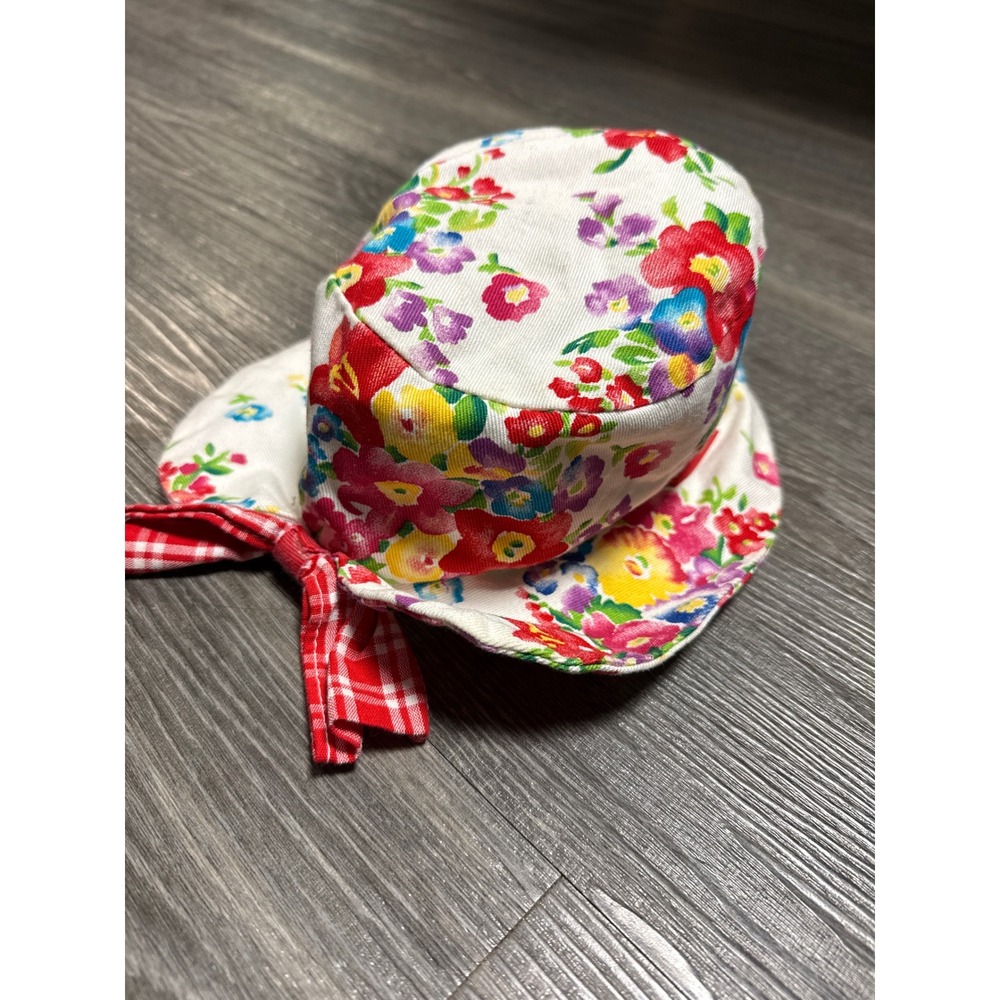 OshKosh Bgosh Kids Floral Bucket Hat White Red Gingham Bow Sun Hat
